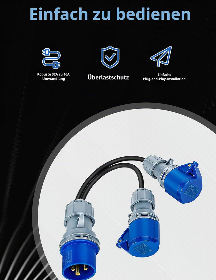 32A auf 16A Adapter, 2-Wege-Anschluss, 2 x 16A Steckdosen IP44 Schutz CEE Adapter für Wohnwagen, Woh