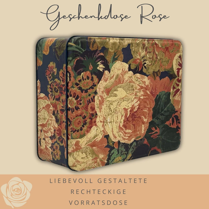 Geschenkdose Design Sanderson - Liebevoll gestaltete rechteckige Vorratsdose - Motiv Rose - Blechdos
