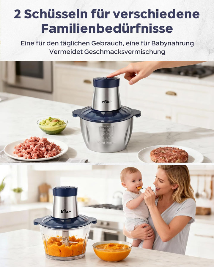 Bear 2L+1.8LFleischwölfe Zerkleinerer Elektrisch, Glas+Edelstahl，600W 2 Geschwindigkeit, Häcksler mi