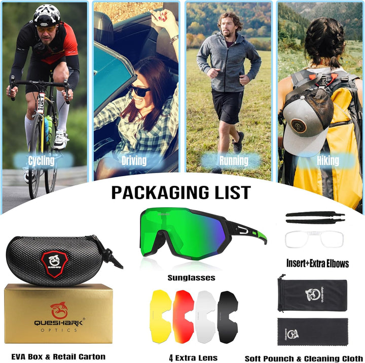 Queshark Sportbrillen Fahrrad Brillen Damen Herren Polarisierte UV400 Schutz mit 5 Wechselgläser Rad