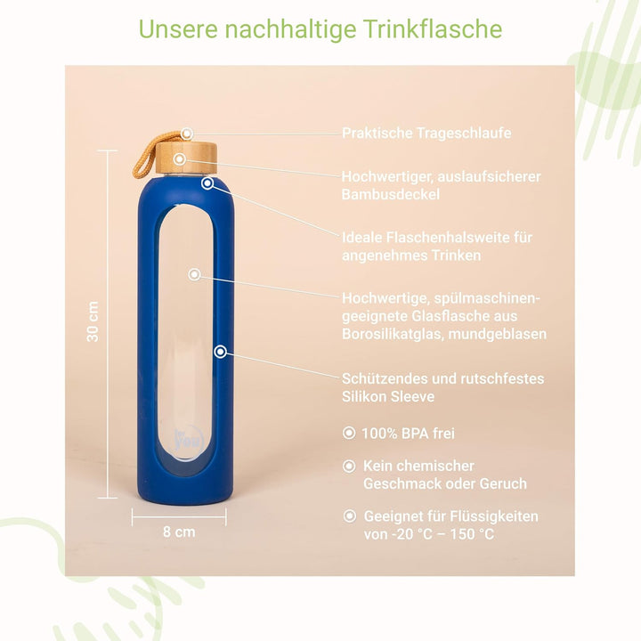 for you Nachhaltige Trinkflasche | 1000ml aus Glas mit Silikonhülle &amp; spülmaschinenfest | 1Liter Aus