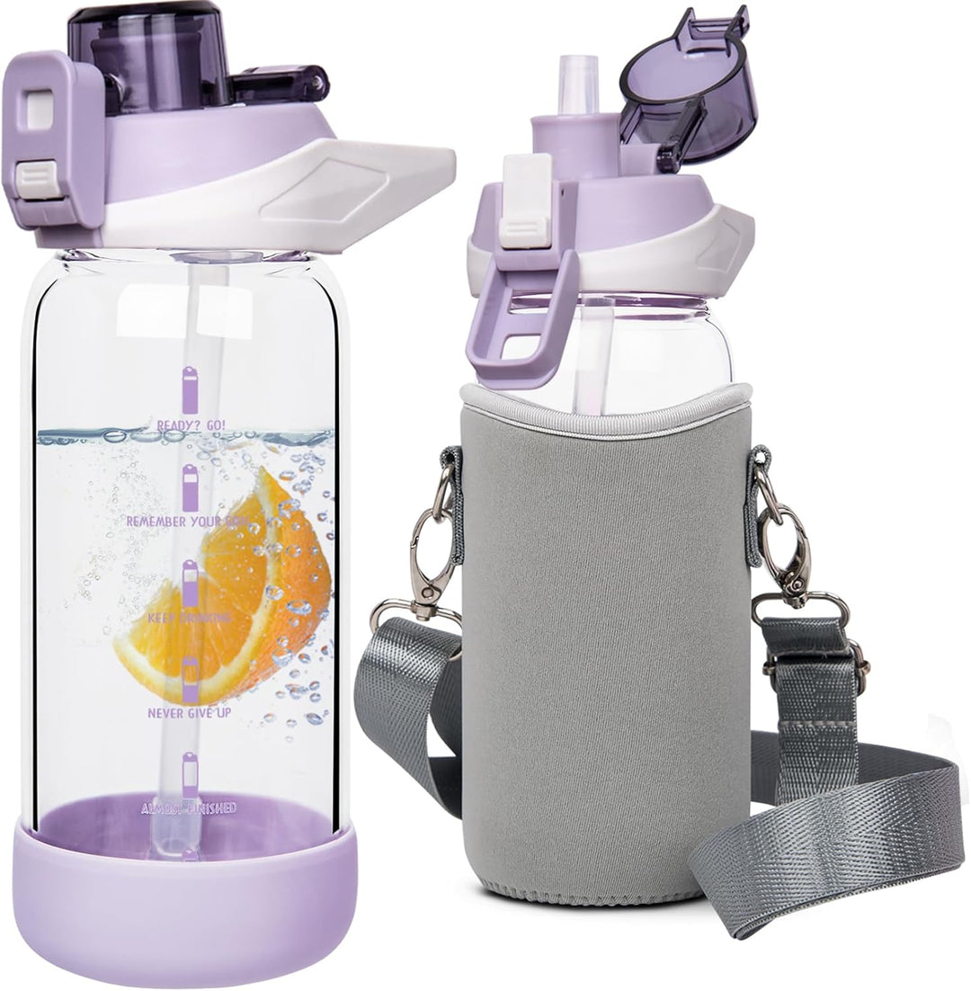 Seekua 0.6l Sport Trinkflasche Glas Flasche mit Strohhalm & Zeitmarkierung für Kinder, Schule 600ml