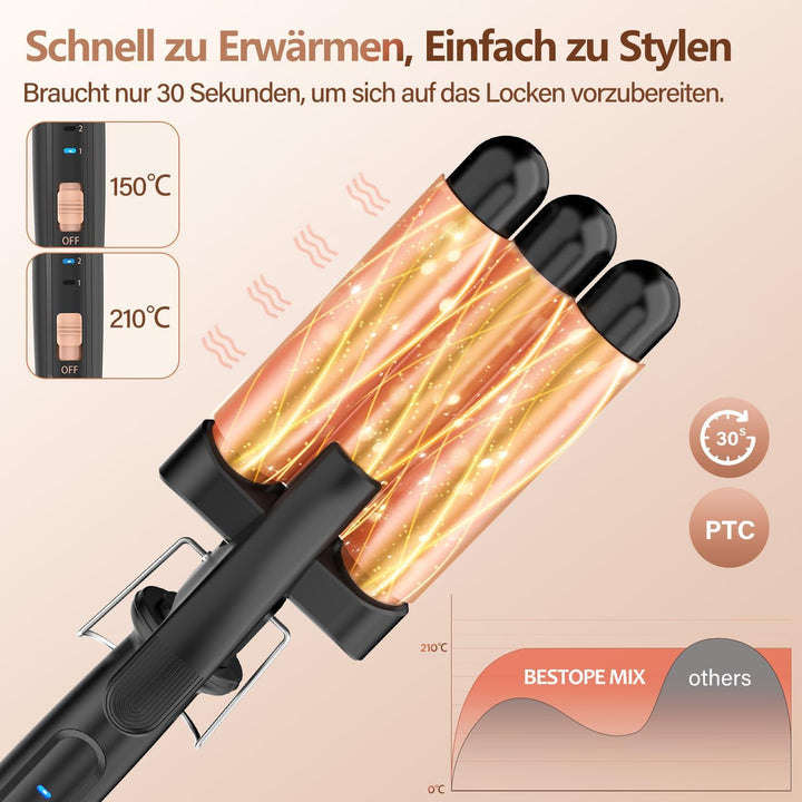 Welleneisen für Haare 22mm Lockenstab - 3 Fässer Welleneisen Keramik Mermaid Hair Waver PTC Schnellh