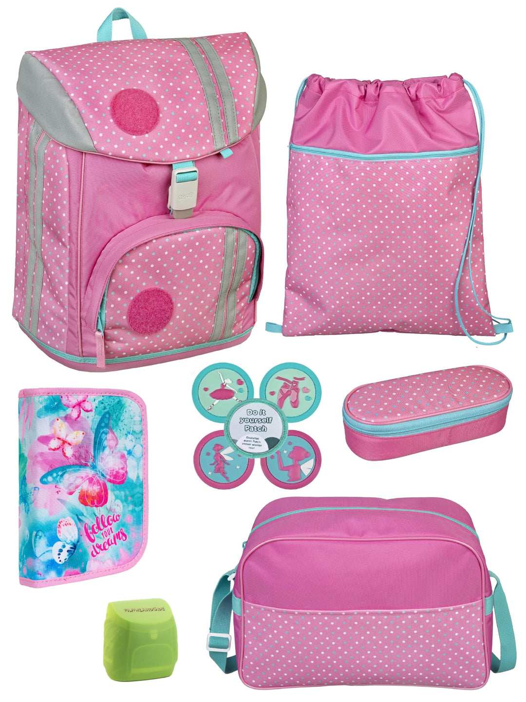 Familando Mädchen Schulranzen 1. Klasse Schul-Rucksack Set sehr leicht 8-tlg. | 3-fach Höhenverstell