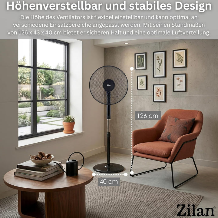Zilan Standventilator Ø43cm leise mit Fernbedienung & Timer – 48W Leistungsstarker Ventilator energi