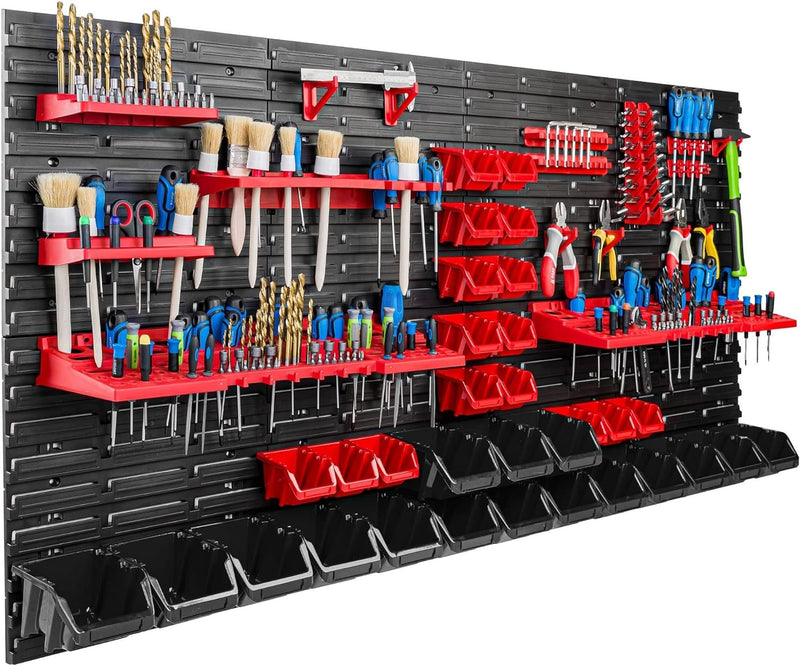 Lagersystem Werkstattregal | 156 x 78 cm | 32 stck. Box | Wandregal mit Werkzeughalterungen und Stap