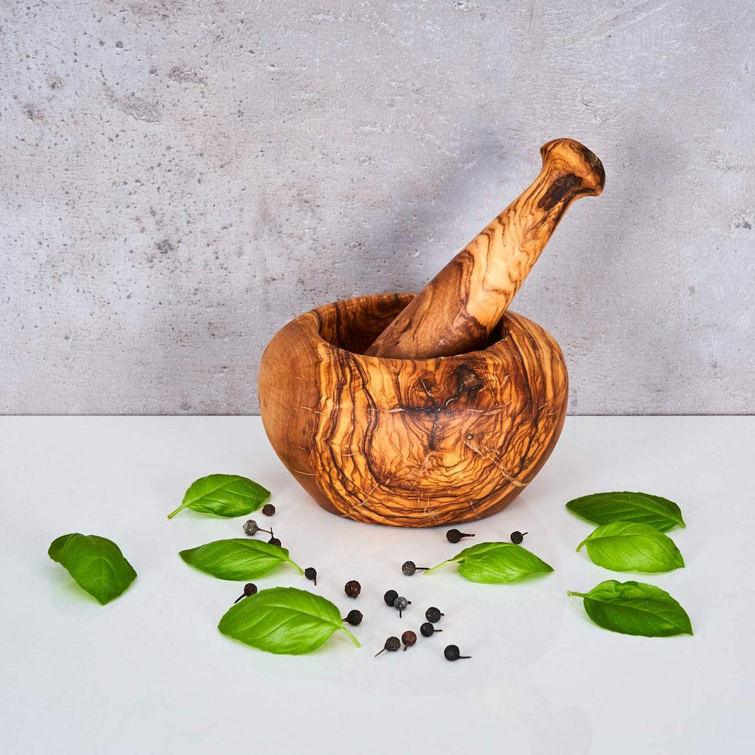 levandeo Mörser H6cm Olivenholz Holzmörser Stössel Wie gegriffen Holz Gewürzmühle Küche Natur Unikat