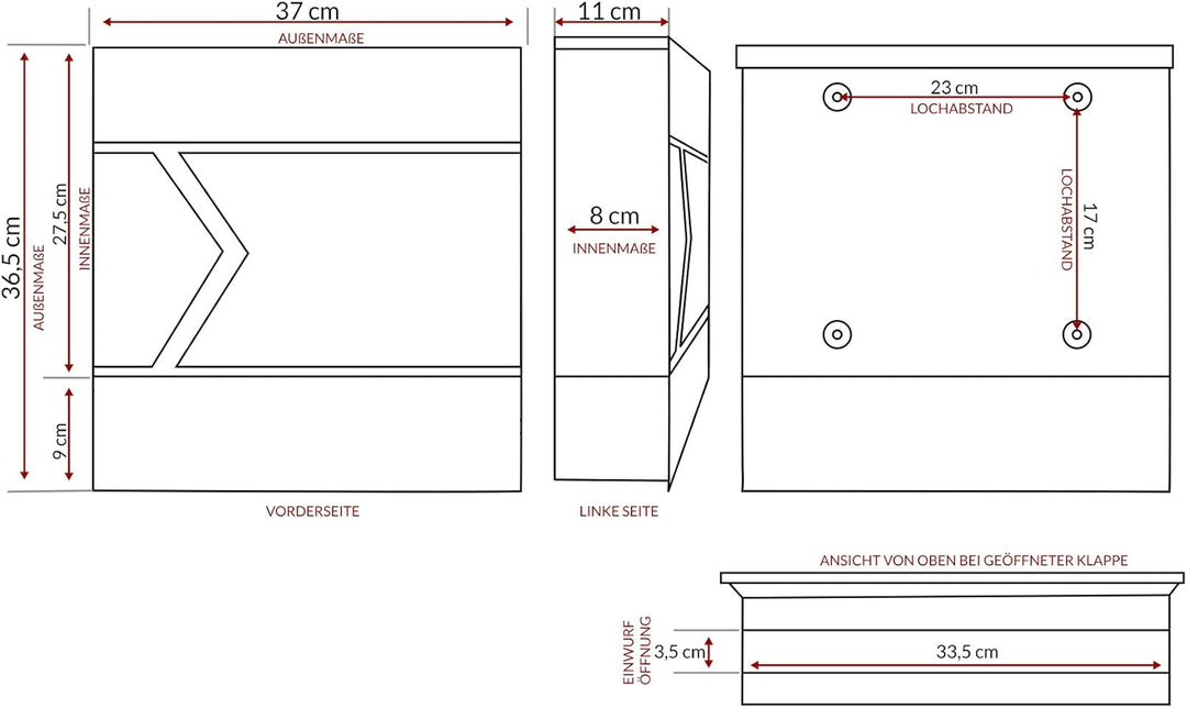 MONZANA® Design Briefkasten Stahl anthrazit mit Zeitungsfach 2 Schlüssel Zeitungsrolle Wandbriefkast