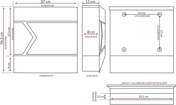 MONZANA® Design Briefkasten Stahl anthrazit mit Zeitungsfach 2 Schlüssel Zeitungsrolle Wandbriefkast