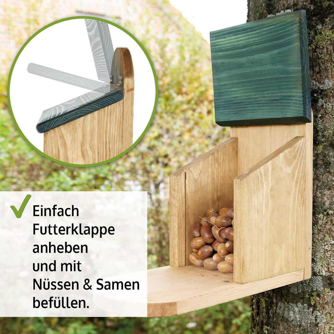 zooprinz wetterfestes Eichhörnchen Futterhaus mit grosser Sitzplattform - aus nachhaltigem Massiv-Ho