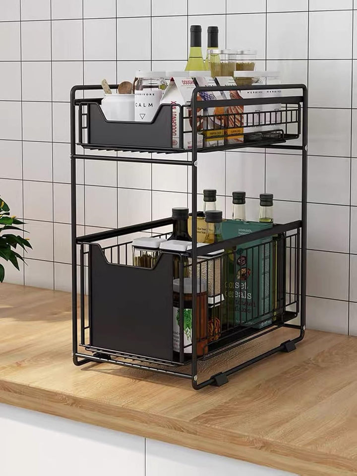 HUOLE Küchenorganizer mit 2 ausziehbaren Schubladen, 2 verschiebbaren Körben, stapelbar, für Aufbewa