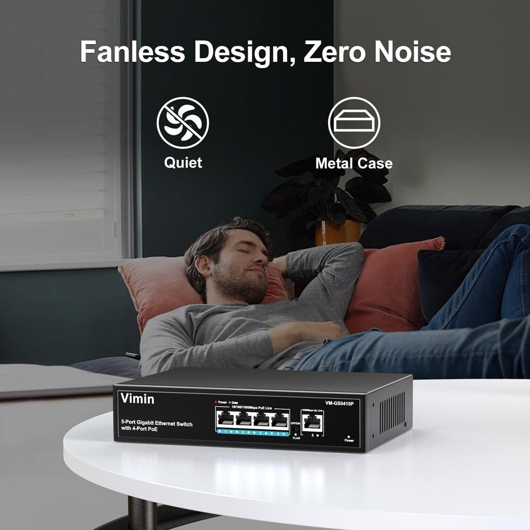 VIMIN 4-Port Gigabit PoE Switch mit 1 Uplink Gigabit Port, 5-Port Unmanaged Ethernet PoE Switch mit