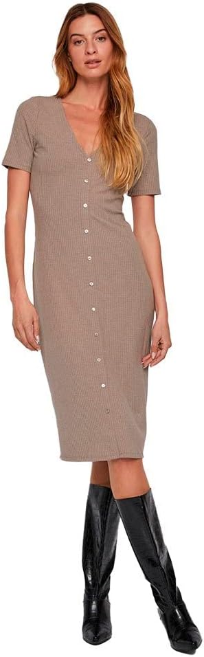 Vila Damen Vifelia Button S/S Midi Dress/Su-Noos Midikleid XXL Walnut/Detail:melange, XXL Walnut/Det