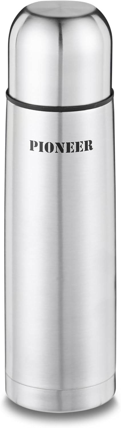 Pioneer Isolierflasche aus Hochwertigem Edelstahl mit Druckknopf & Trinkbecher 1,0 L Doppelwand-Vaku