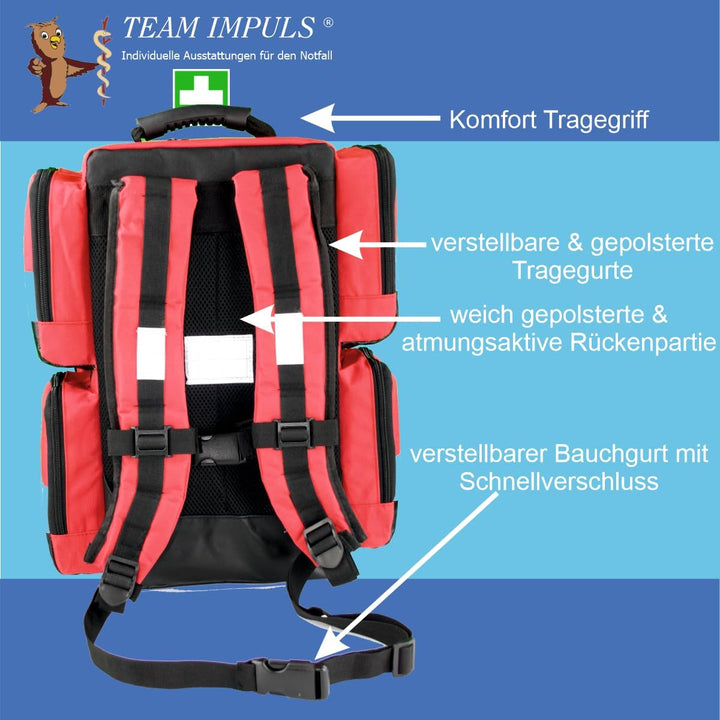 Team Impuls - Notfallrucksack - rot - Nylon - LEER - mit 4 Aussentaschen - Gr. L