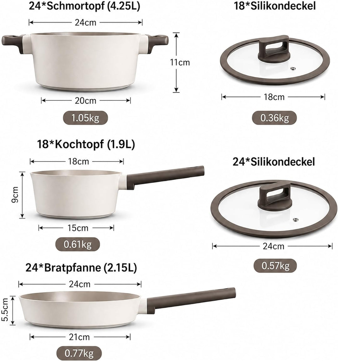 BOREINE Topfset Pfannenset 5-teilig, Bratpfanne 24cm Kochtöpfe 24cm Topf 18cm mit Deckel 18/24cm, An