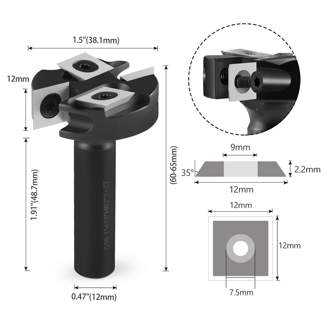 Trvoxviq Planfräser 12mm Schaft 2+2 Flöten, 38.1mm Durchmesser Hobelfräser für Oberfräse mit Wendepl