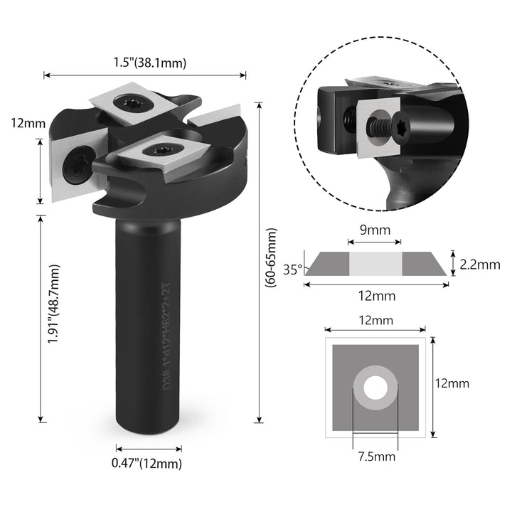 Trvoxviq Planfräser 12mm Schaft 2+2 Flöten, 38.1mm Durchmesser Hobelfräser für Oberfräse mit Wendepl