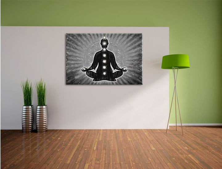 Pixxprint Meditation mit den 7 Chakren Kunst Kohle Effekt, Format: 100x70 auf Leinwand, 100x70