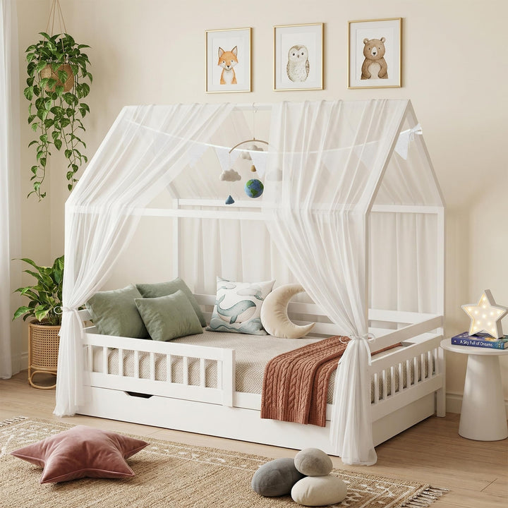 Hausbett Himmel 2er Set – Kinderbett Vorhänge für Hausbett, Montessori Kinderzimmer Deko, Betthimmel