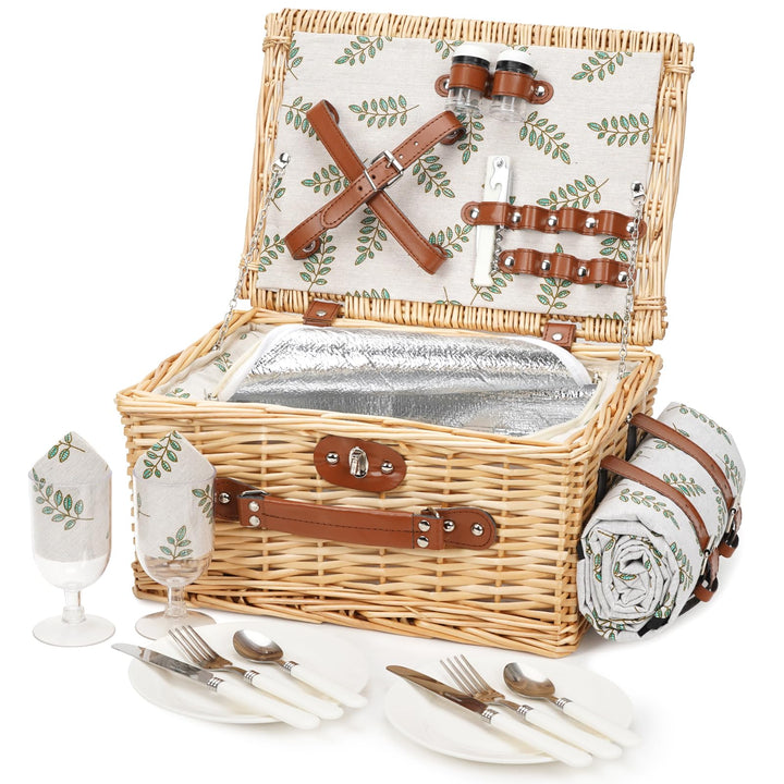 Picknickkorb für 2 Personen, Picknickkorb-Set mit Kühlfach und wasserdichte Picknickdecke, Besteck S
