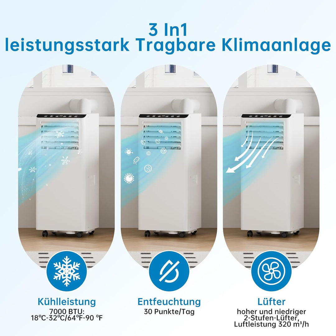 7000 BTU Mobile Klimaanlage, KüHlen, Entfeuchten, 2 Stufen LüFter, Leiser Schlafmodus + Fensterabdic