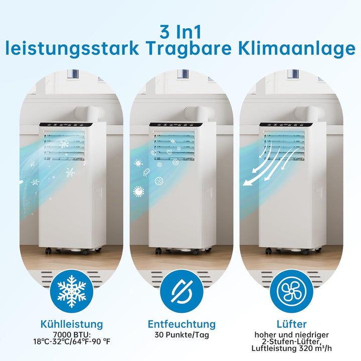 7000 BTU Mobile Klimaanlage, KüHlen, Entfeuchten, 2 Stufen LüFter, Leiser Schlafmodus + Fensterabdic