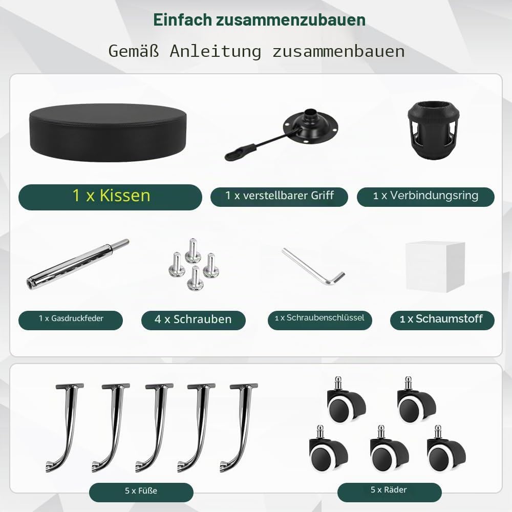 BFTOU Schwarzer Drehhocker aus PU-Leder mit Rollen, perfekt für Salon, Arbeit, Zuhause, Spa, Geschäf
