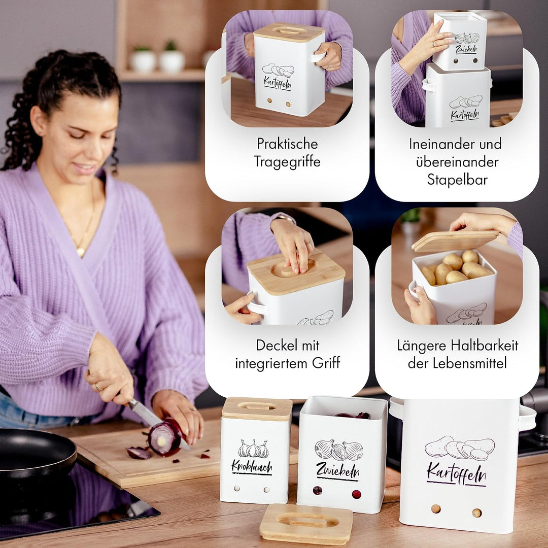 Kartoffel Aufbewahrungsbox [3er Set] - Ein echter Hingucker in deiner Küche! - Schaffe Ordnung mit d