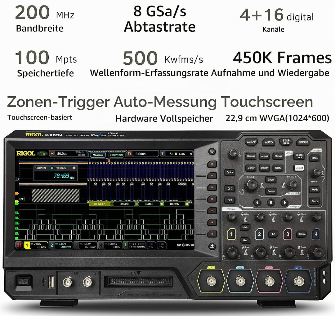 RIGOL MSO5204 Digitaloszilloskop, 4 Kanäle, 200MHz, 8Gsa/s, 100Mpts, 500000wfms/s, MSO5000-BND inklu