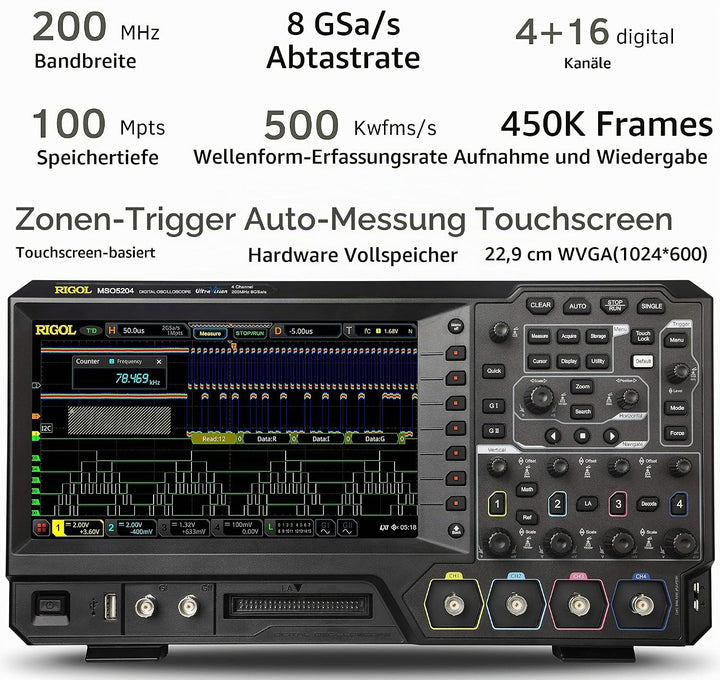 RIGOL MSO5204 Digitaloszilloskop, 4 Kanäle, 200MHz, 8Gsa/s, 100Mpts, 500000wfms/s, MSO5000-BND inklu