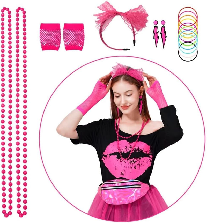 80er Jahre Outfit Damen Set, T-Shirt, Tutu, Gürteltasche, Stirnband, Ohrring, Halskette, Netzhandsch
