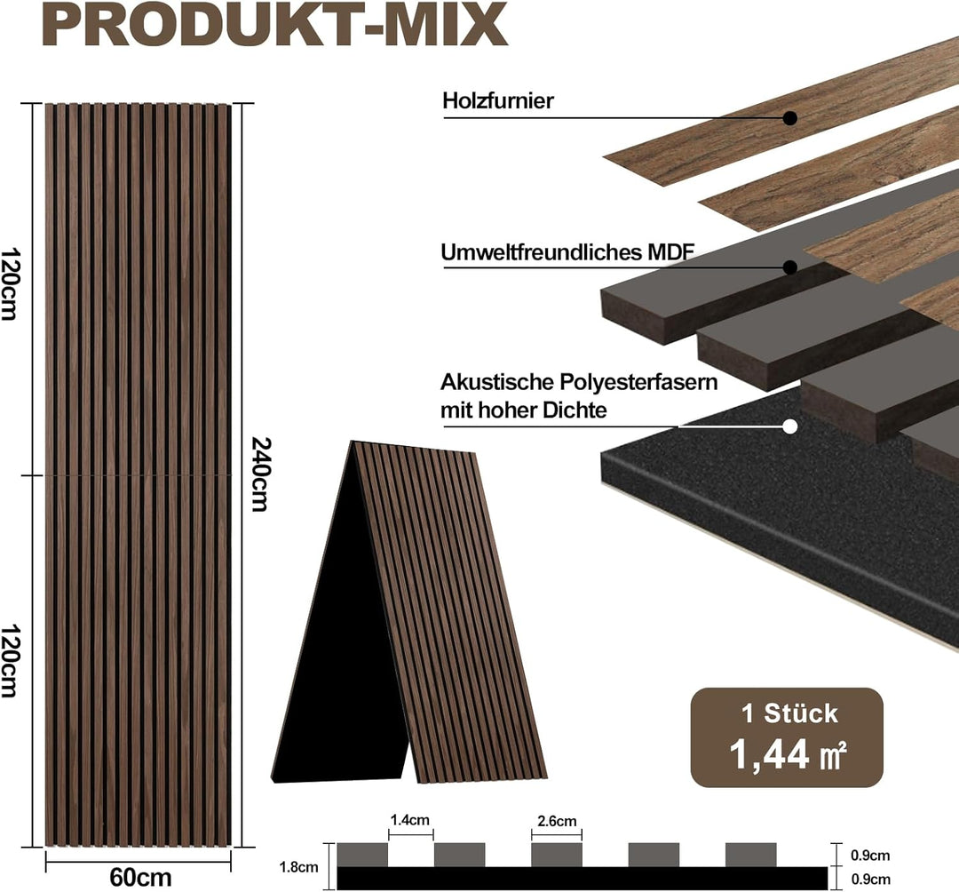 Akustikpaneele Holz, Faltbar 1,44m² - 240x60cm 3D Wandpaneele Holz, Akustik Paneele Wand für Küche,