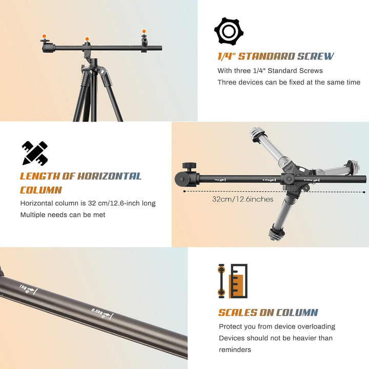 Handy Stativ, 167 cm Horizontal iPhone Stativ mit 360° Verstellbarem Kugelkopf und Fernbedienung für