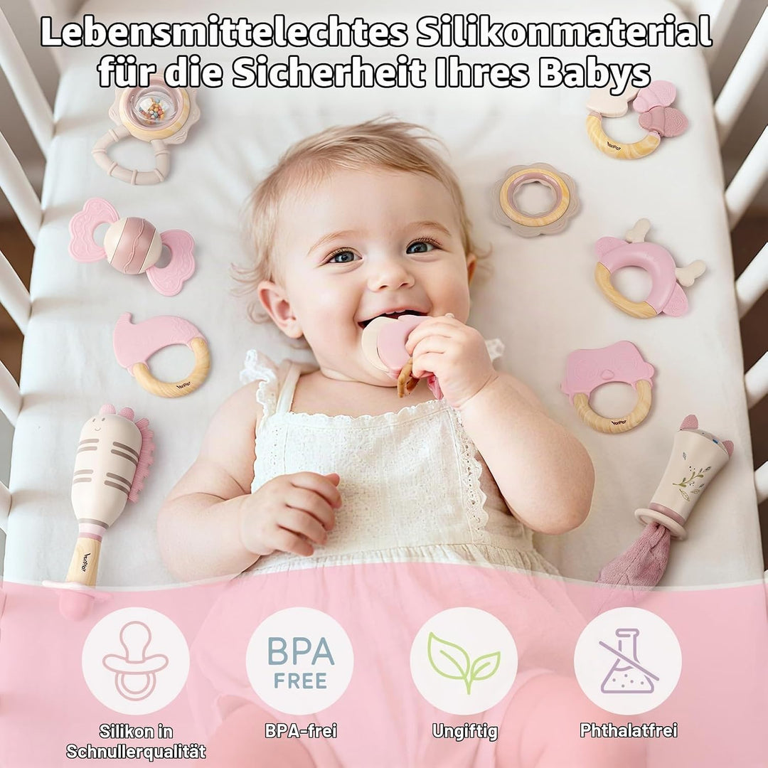 Baby Spielzeug ab 3 Monate, Beissring Baby Rassel 0-6 Monate Sensorik Zahnungshilfe Neugeborenen Ges