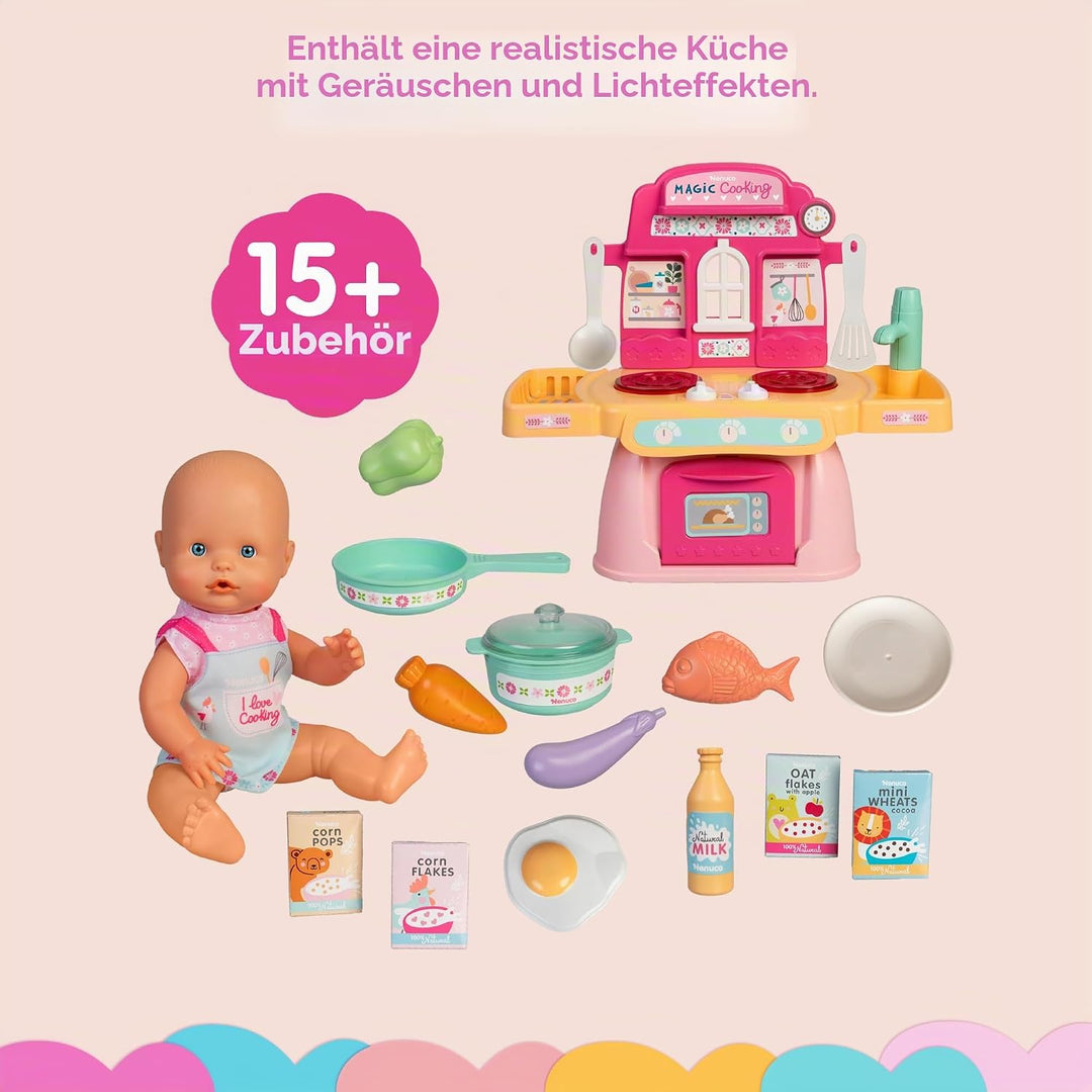 Nenuco Magische Küche, 30 cm grosse Puppe mit hartem Körper, inkl. 10 Zubehör zum Kochen und Mitnehm
