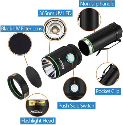 Alonefire X901UV 10W 365nm UV Taschenlampe Tragbar USB Aufladbar Schwarzlicht Taschenlampe Haustier