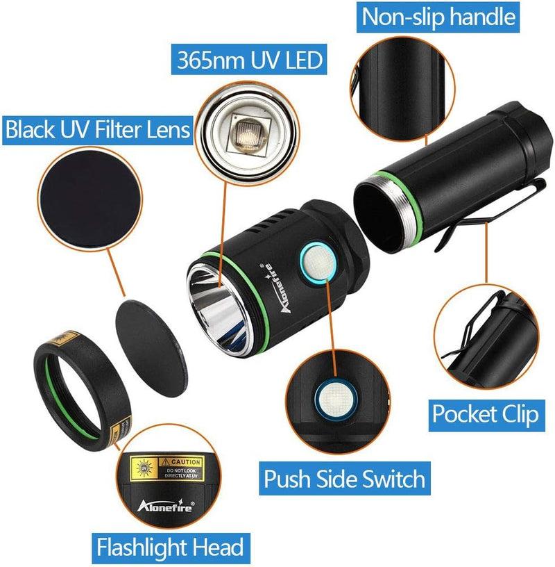 Alonefire X901UV 10W 365nm UV Taschenlampe Tragbar USB Aufladbar Schwarzlicht Taschenlampe Haustier