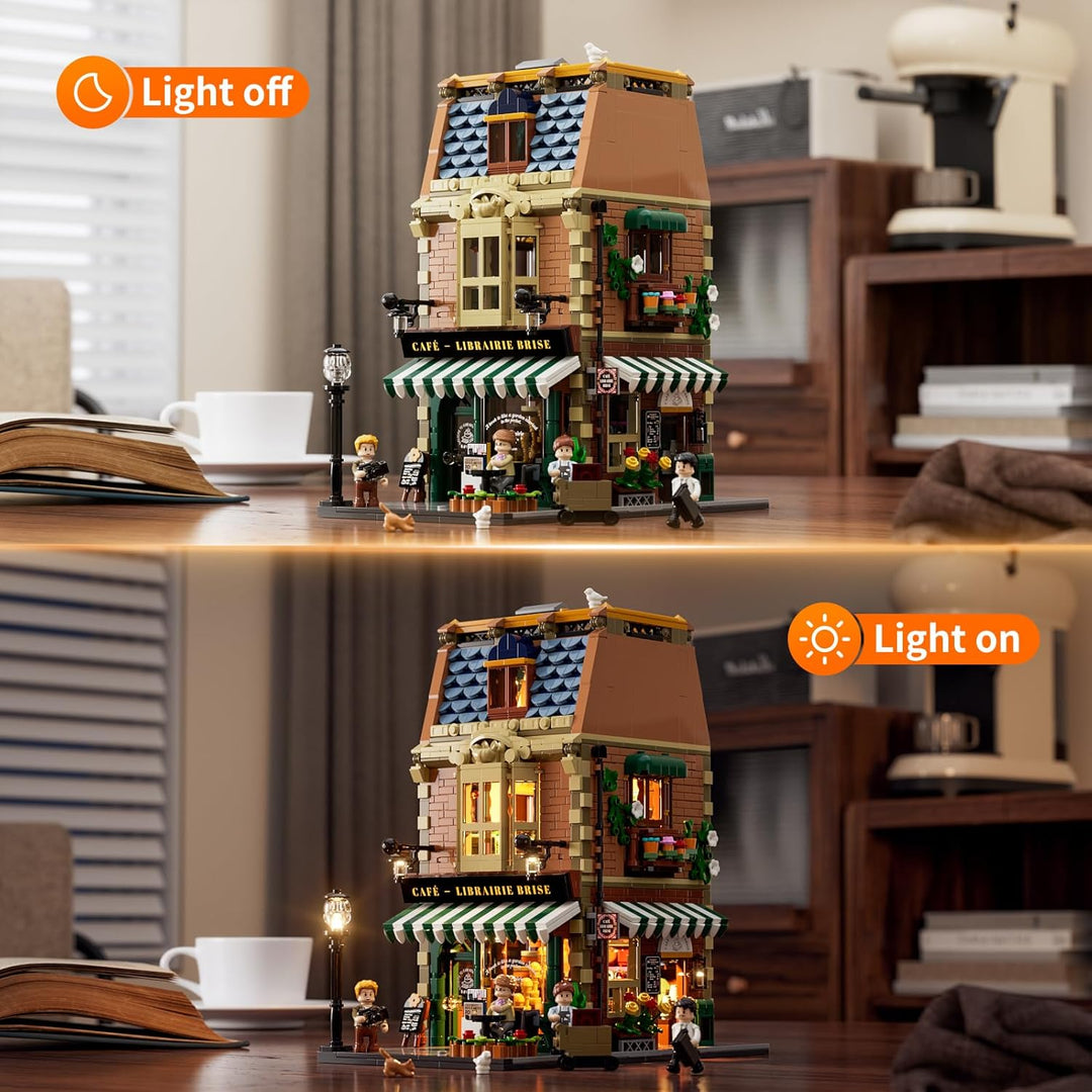 Funwhole Buchcafé Beleuchtetes Baukasten Set - Stadtkaffeehaus LED Licht Modularer BAU Modellsets 17