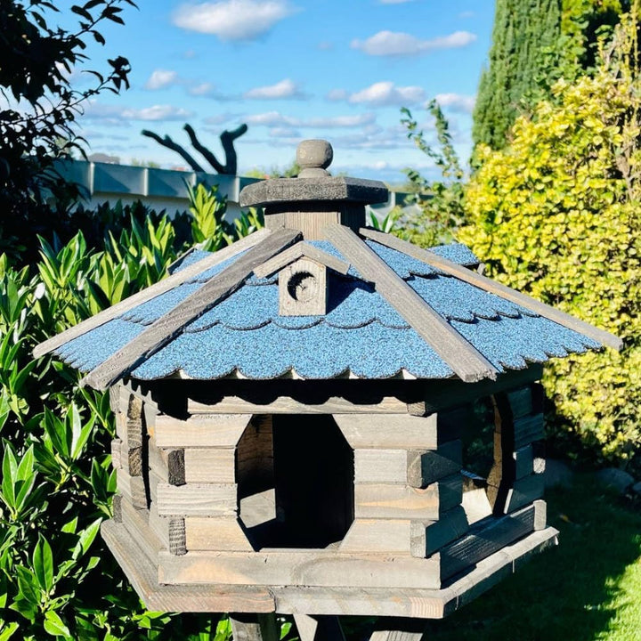 Vogelfutterhaus XL Sechseck Vogelhaus + Ständer Futterstelle Braun/Blau XL mit Ständer Dunkelbraun -