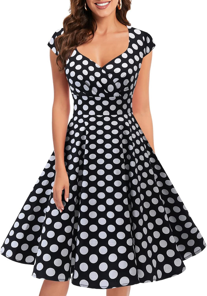 Bbonlinedress 1950er Vintage Retro Cocktailkleid Rockabilly Kleider V-Ausschnitt Faltenrock festlich