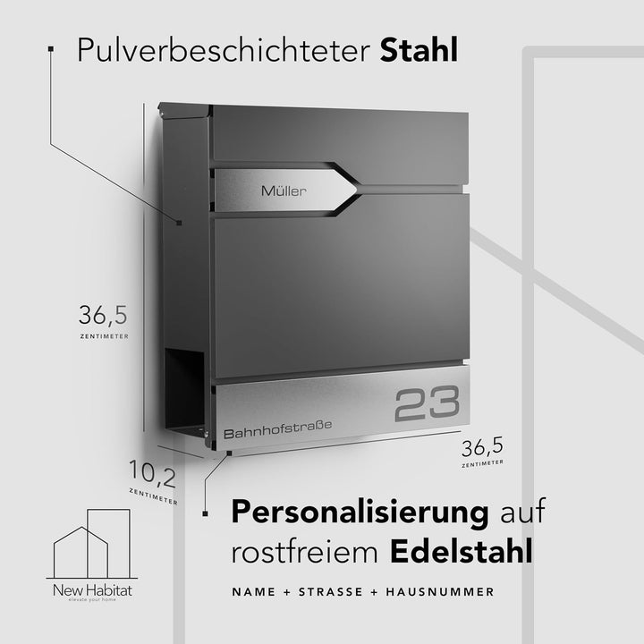 Moderner Briefkasten Personalisierbar Sydney Anthrazit RAL7016 - mit Zeitungsfach - Wandbriefkasten