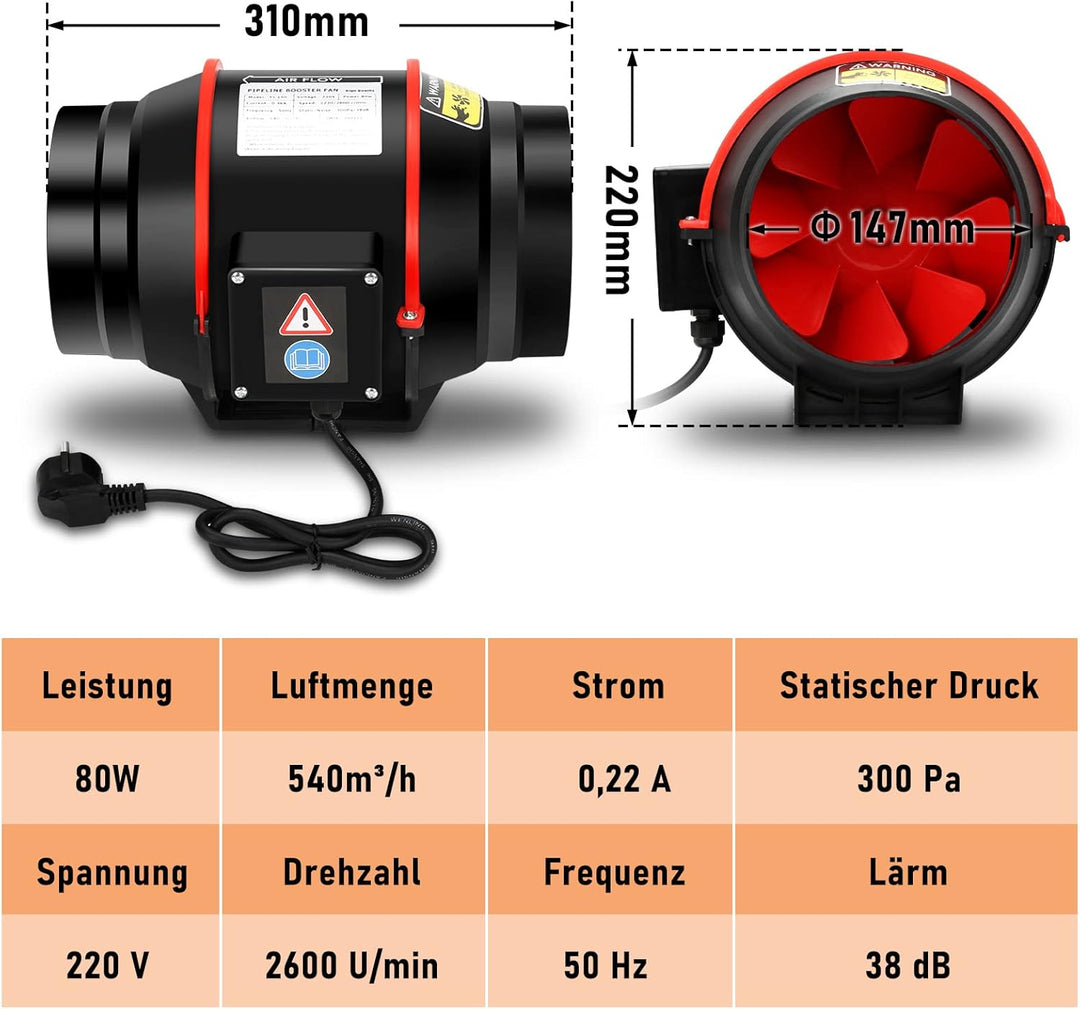 Daromigo 150mm Rohrventilator Regelbar 540m³/h Abluftventilator,Leise Rohrlüfter mit kabelloser Fern