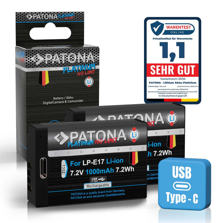 PATONA 2X Platinum Akku Ersatz für Canon LP-E17 LPE17 mit USB-C, 1000mAh | Ersatzakku für EOS RP R10