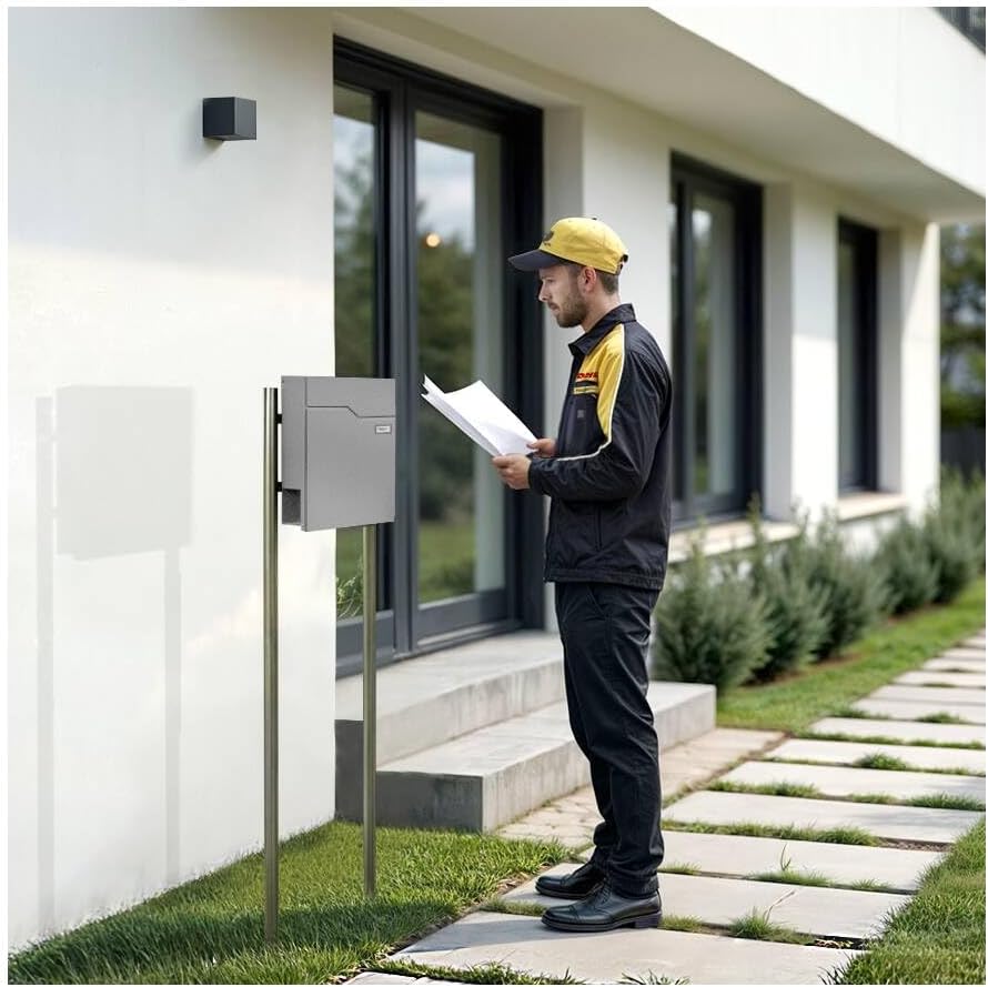 Metzler Standbriefkasten in Graualuminium - Pulverbeschichtet & mit Zeitungsfach - Inkl. Edelstahl S