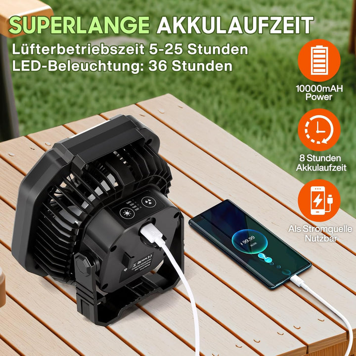 Camping Ventilator, 10000 mAh Ventilator USB-Tischventilator mit Licht, Haken und Paracord-Armband,