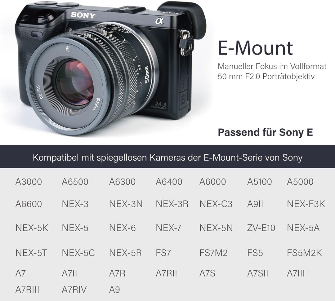 AstrHori 50mm F2.0 Objektiv mit grosser Blende Manuelles Vollformat-Objektiv Kompatibel mit Sony E-M