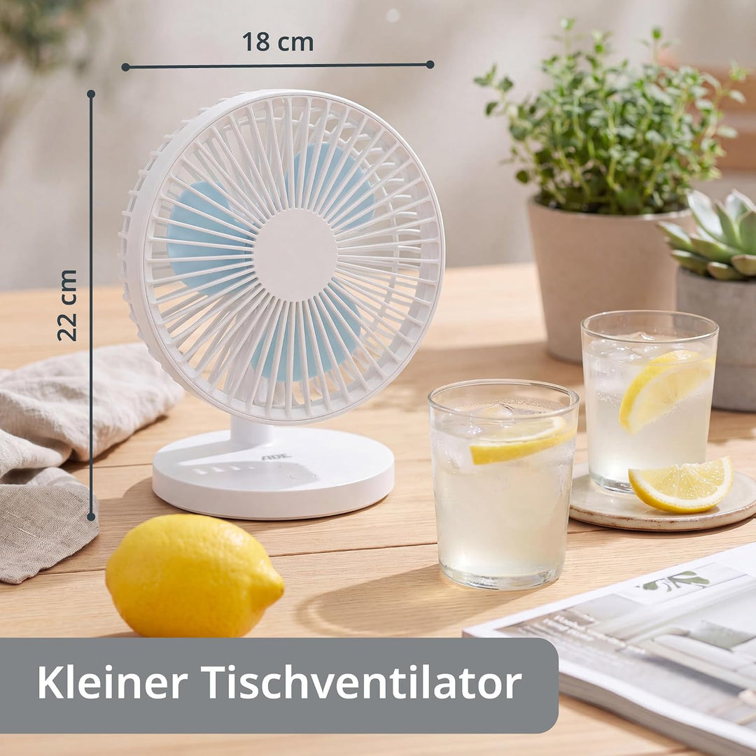 ADE Sehr leiser Tischventilator | USB Ventilator mit 3 Geschwindigkeitsstufen | 2.000 mAh Akku für b