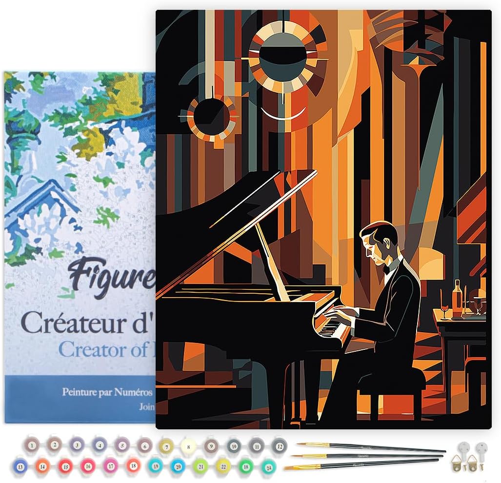 Figured'Art Malen Nach Zahlen Erwachsene Mit Rahmen Art-Deco-Mann am Klavier - Paint by Numbers Bast