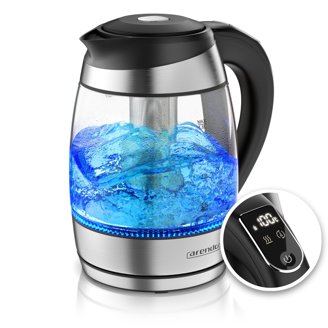 Arendo - Glas Wasserkocher mit Temperatureinstellung - mit Teesieb - Kabellos - 2200 W - 1,8L – Über